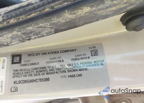 2017 Chevrolet Spark 1Lt Cvt z USA, uszkodzony, nr VIN KL8CD6SA6HC765386